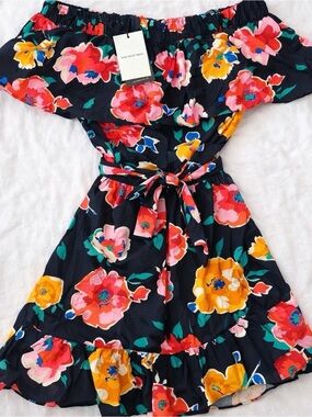 WHO WHAT WEAR Floral Off-Shoulder Short Dress, Ruffle Belt Multicolor A-Line
